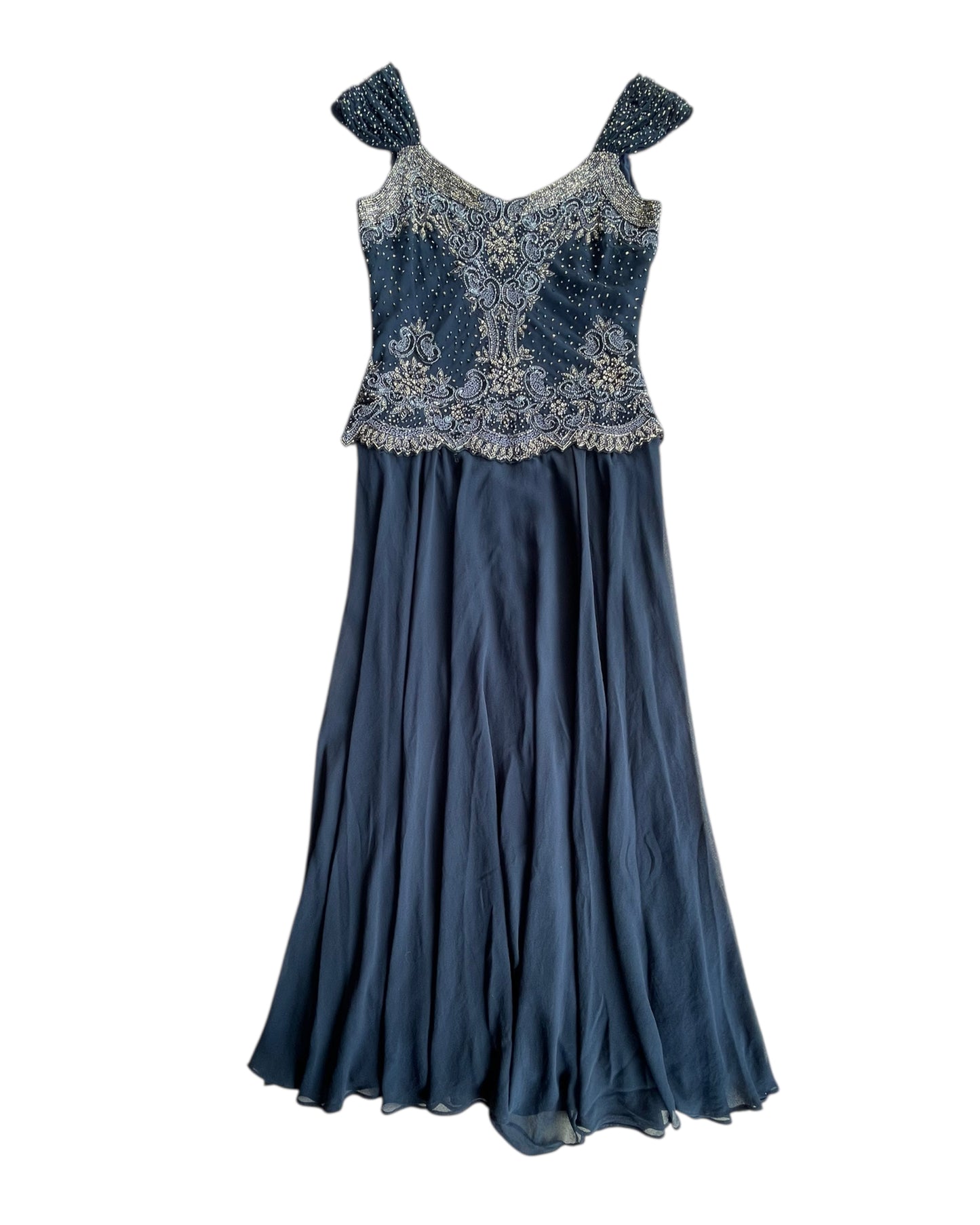 1990sS JKARA BLUE BEADED EVENING DRESS