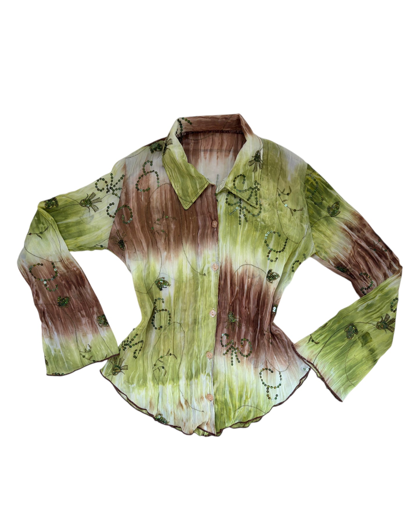 2000S LIME GREEN BROWN TIE-DYE BEADED BLOUSE