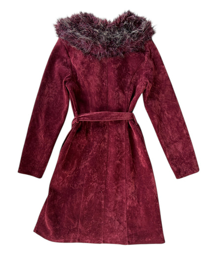 2000S BURGUNDY FAUX FUR COLLAR COAT