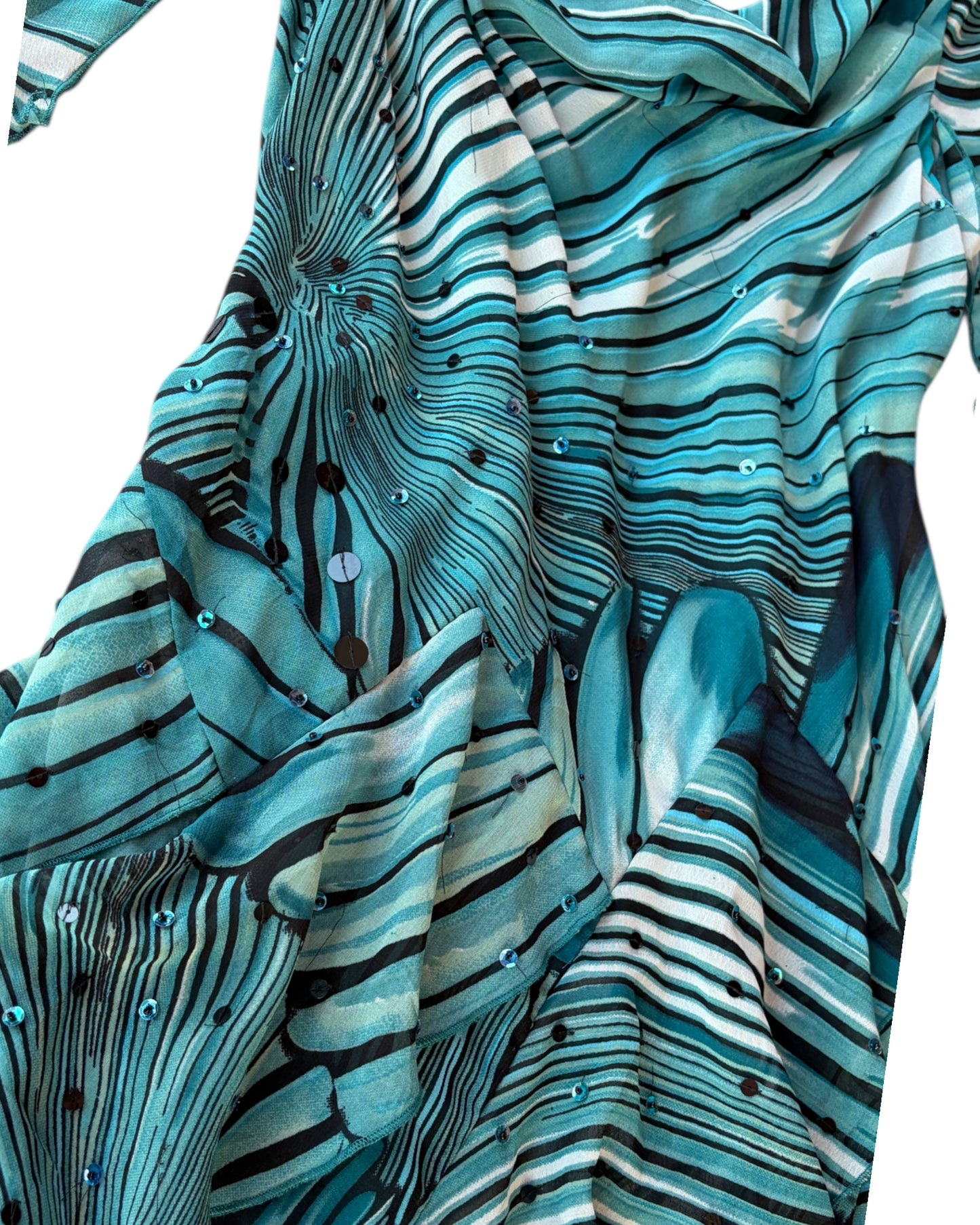 2000S ROBBIE BEE TEAL STRIPED RUFFLE DRESS