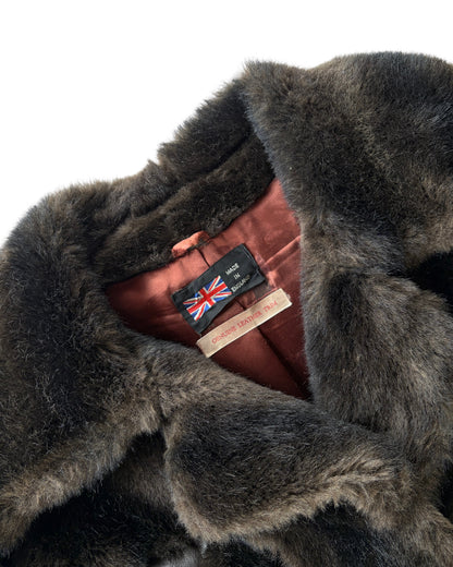 1970s ENGLISH DARK FUR COAT WITH LEATHER TRIM