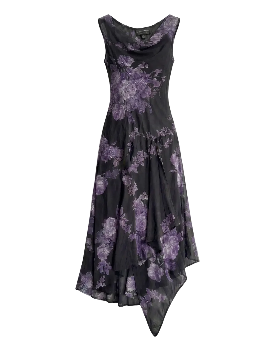 1990s CONNECTED APPAREL PURPLE FLORAL MESH MAXI DRESS