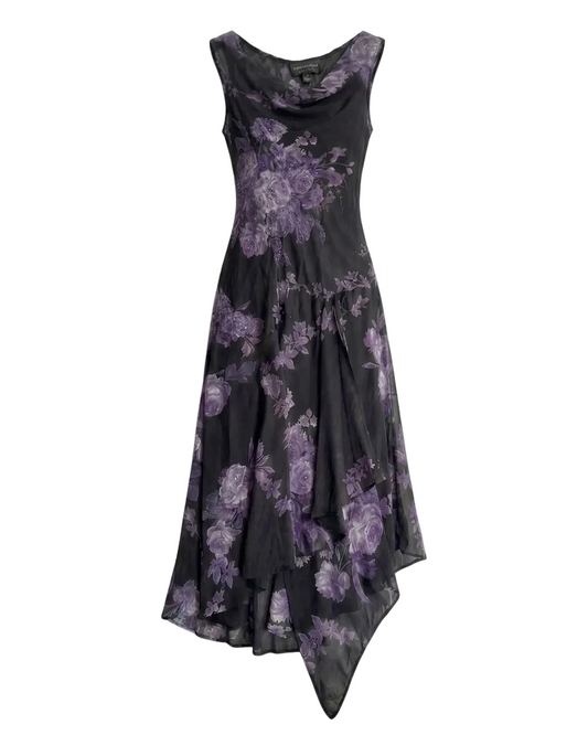 1990s CONNECTED APPAREL PURPLE FLORAL MESH MAXI DRESS