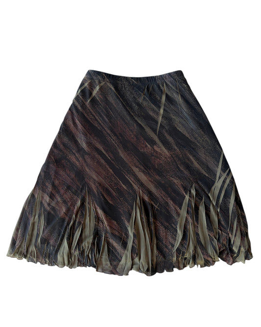 2000S COLDWATER CREEK BROWN ANIMAL PRINT FRINGE SKIRT