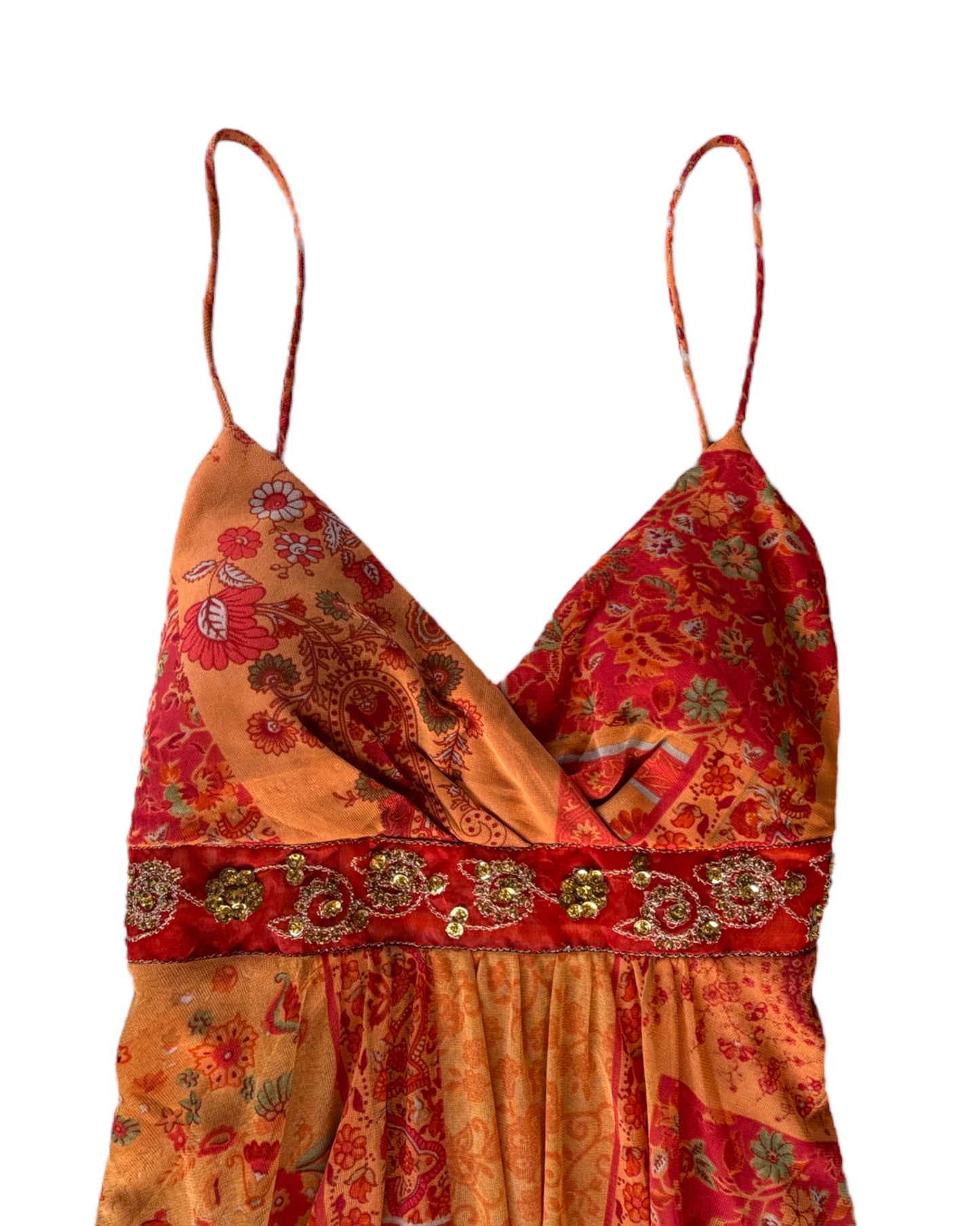 2000S CITY TRIANGLES ORANGE FLORAL WRAP DRESS