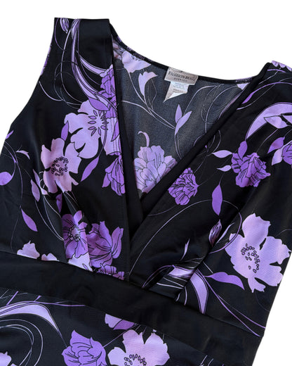 2000S FASHION BUG BLACK PURPLE FLORAL WRAP TOP