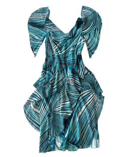 2000S ROBBIE BEE TEAL STRIPED RUFFLE DRESS