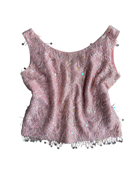 1960s PINK SEQUIN BEADED WOOL TOP