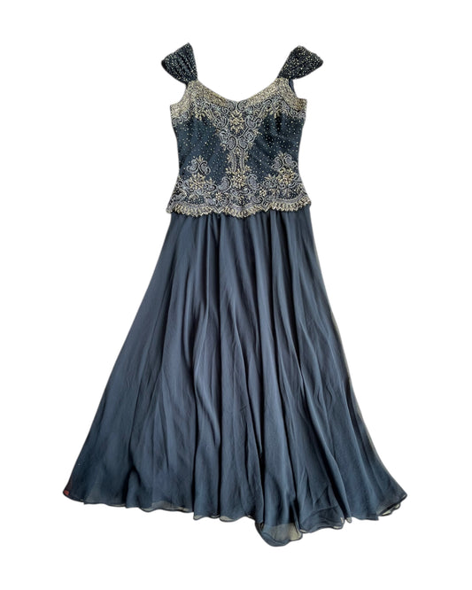 1990sS JKARA BLUE BEADED EVENING DRESS