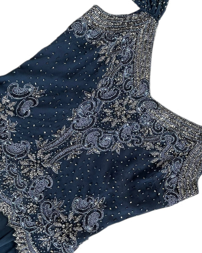 1990sS JKARA BLUE BEADED EVENING DRESS