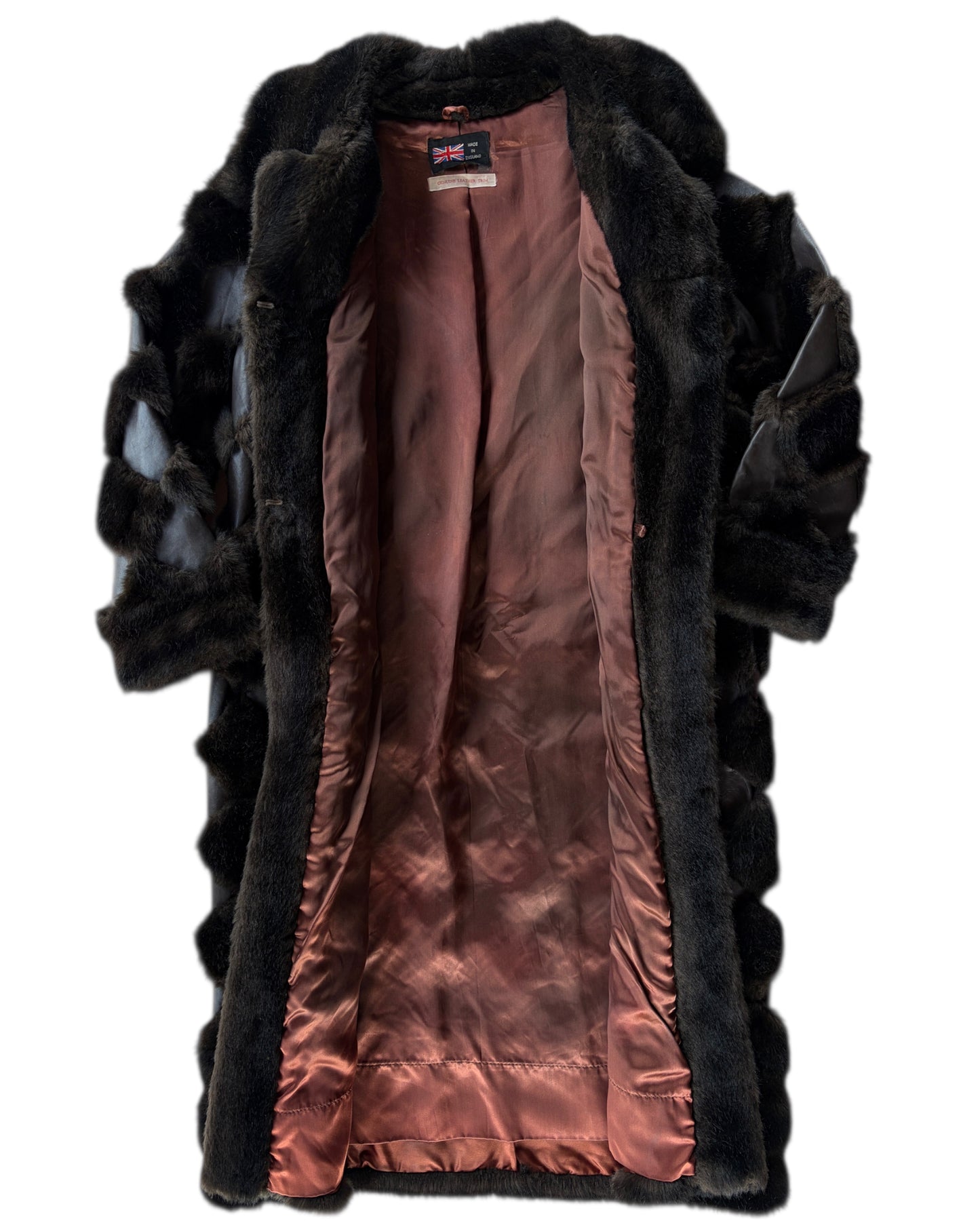 1970s ENGLISH DARK FUR COAT WITH LEATHER TRIM