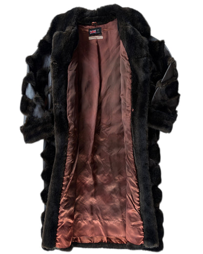 1970s ENGLISH DARK FUR COAT WITH LEATHER TRIM