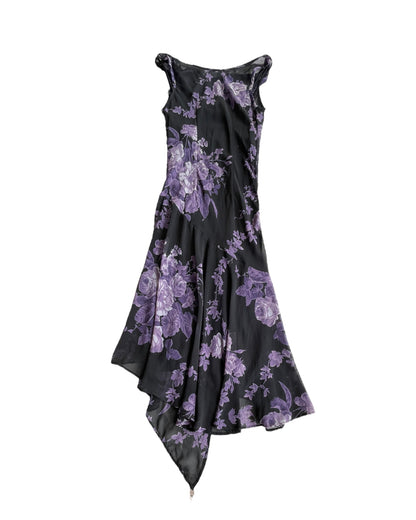1990s CONNECTED APPAREL PURPLE FLORAL MESH MAXI DRESS