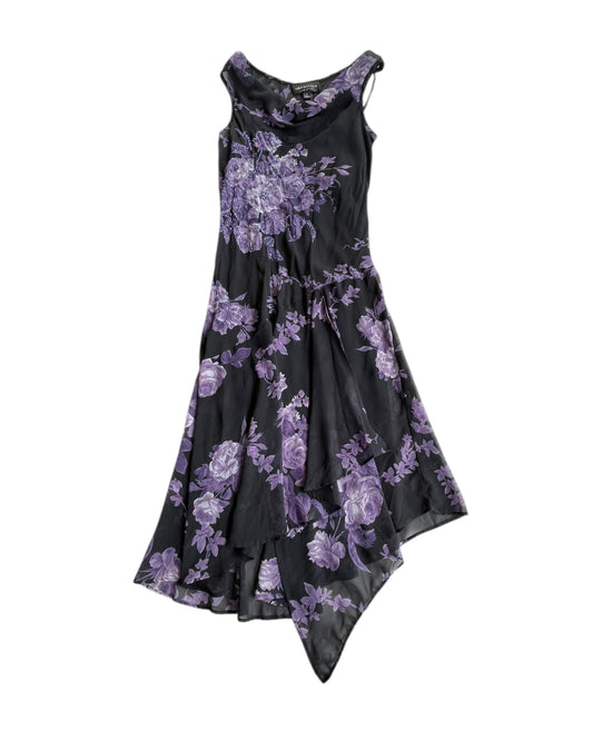 1990s CONNECTED APPAREL PURPLE FLORAL MESH MAXI DRESS