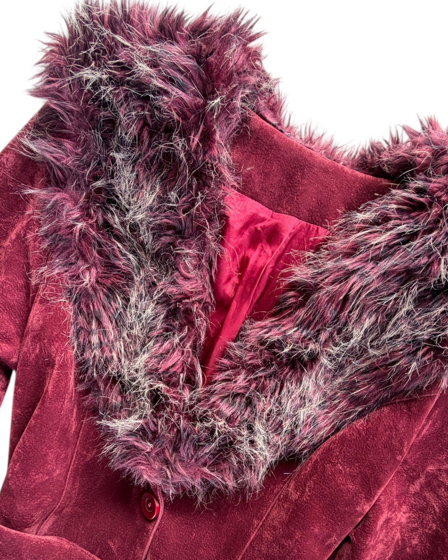 2000S BURGUNDY FAUX FUR COLLAR COAT