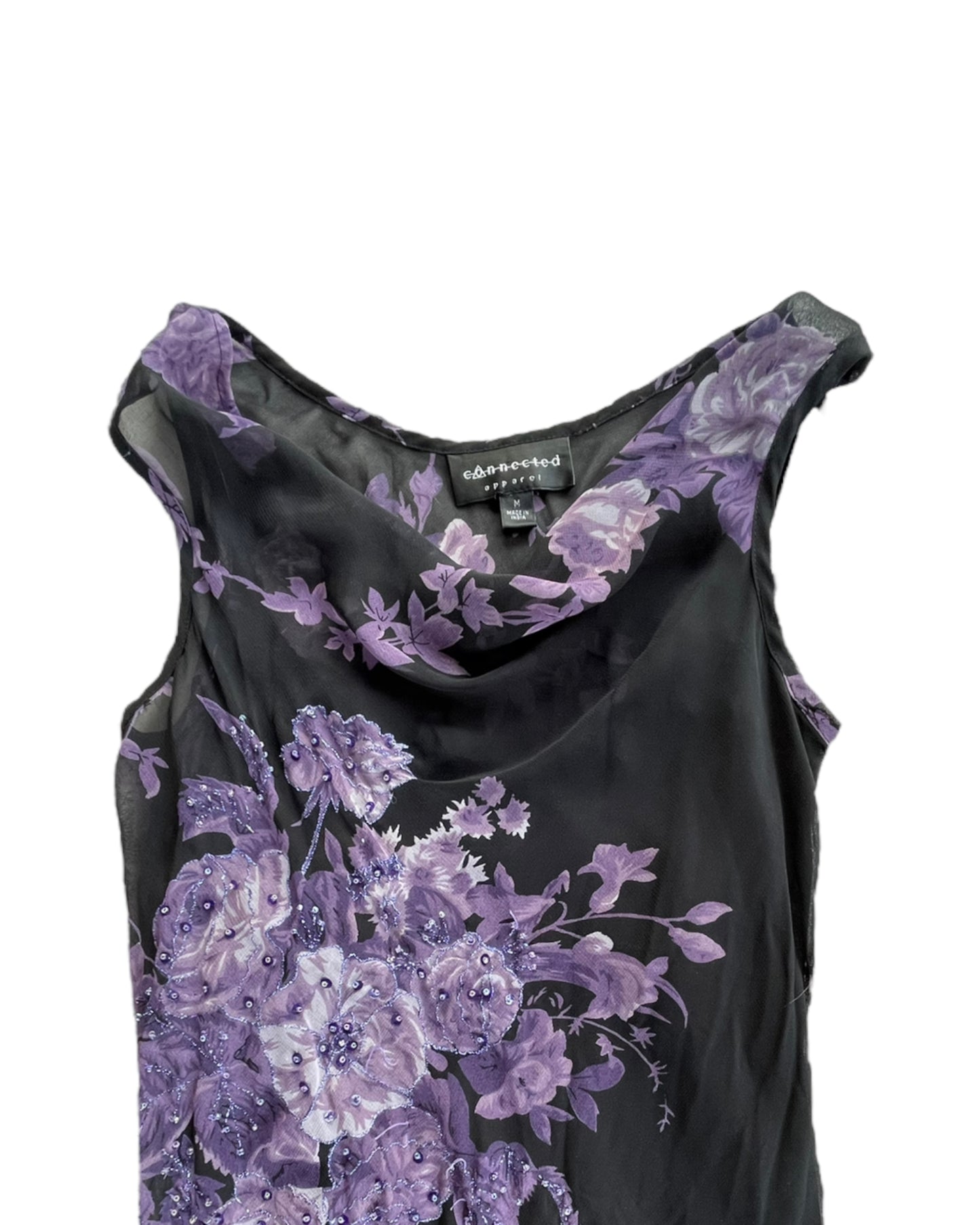 1990s CONNECTED APPAREL PURPLE FLORAL MESH MAXI DRESS
