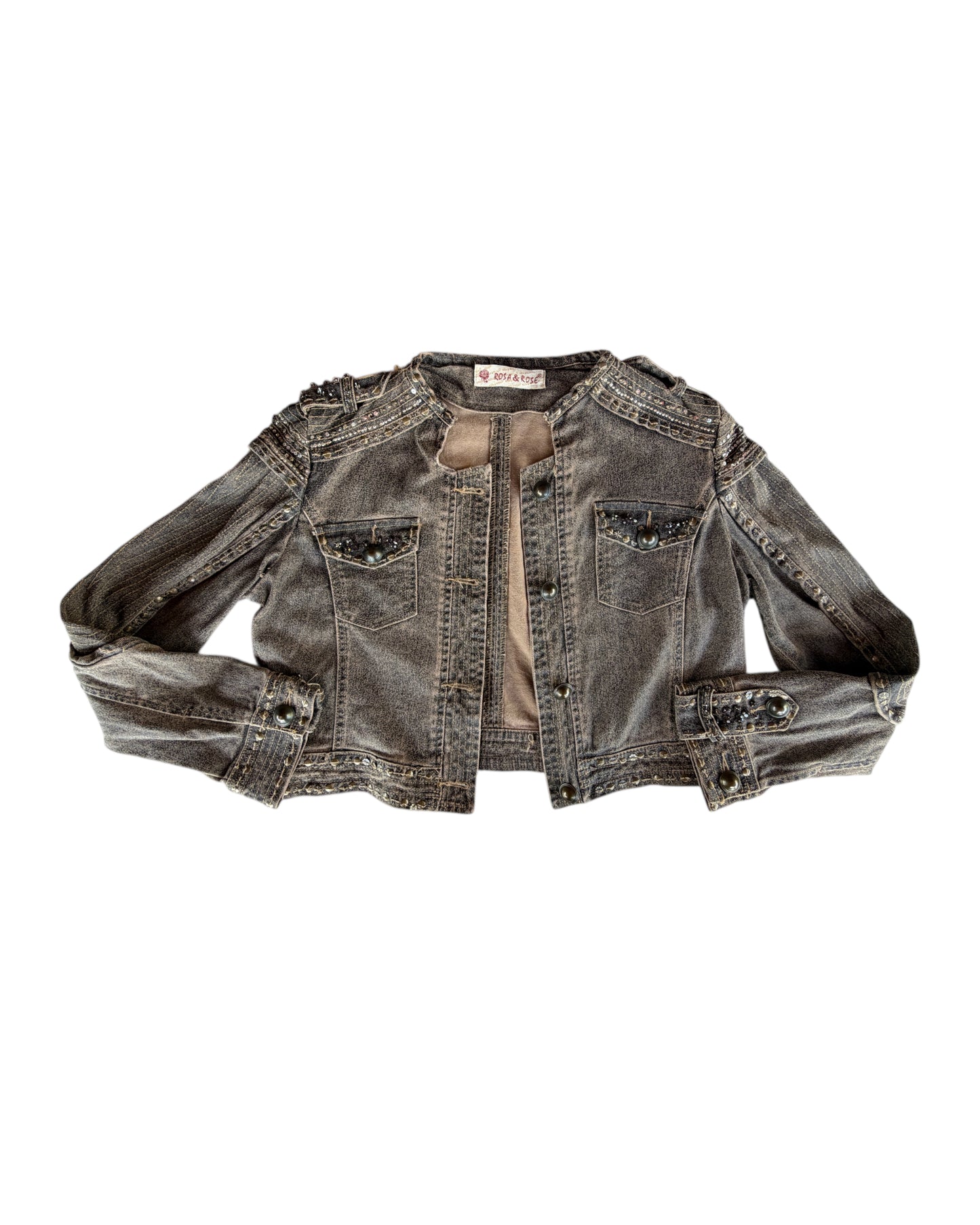 2000S ROSA & ROSE DISTRESSED STUDDED DENIM JACKET