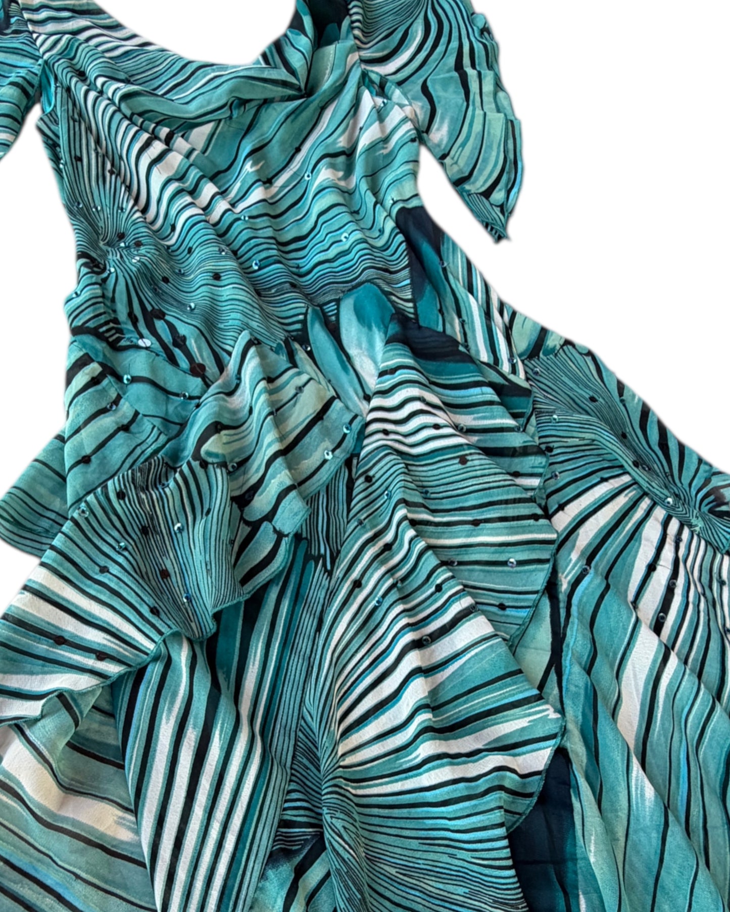2000S ROBBIE BEE TEAL STRIPED RUFFLE DRESS