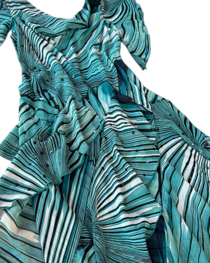 2000S ROBBIE BEE TEAL STRIPED RUFFLE DRESS