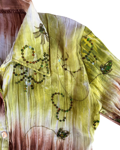 2000S LIME GREEN BROWN TIE-DYE BEADED BLOUSE