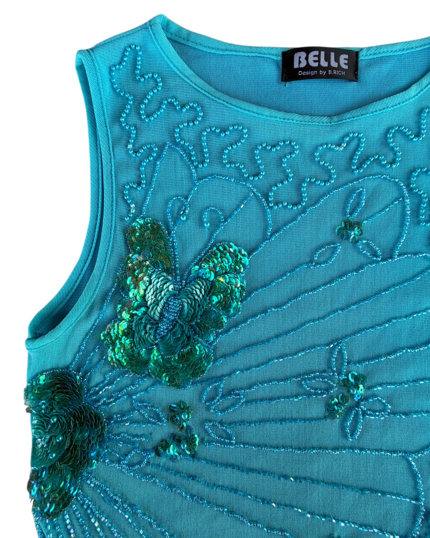 2000S BELLE TURQUOISE BEADED BUTTERFLY MESH TOP