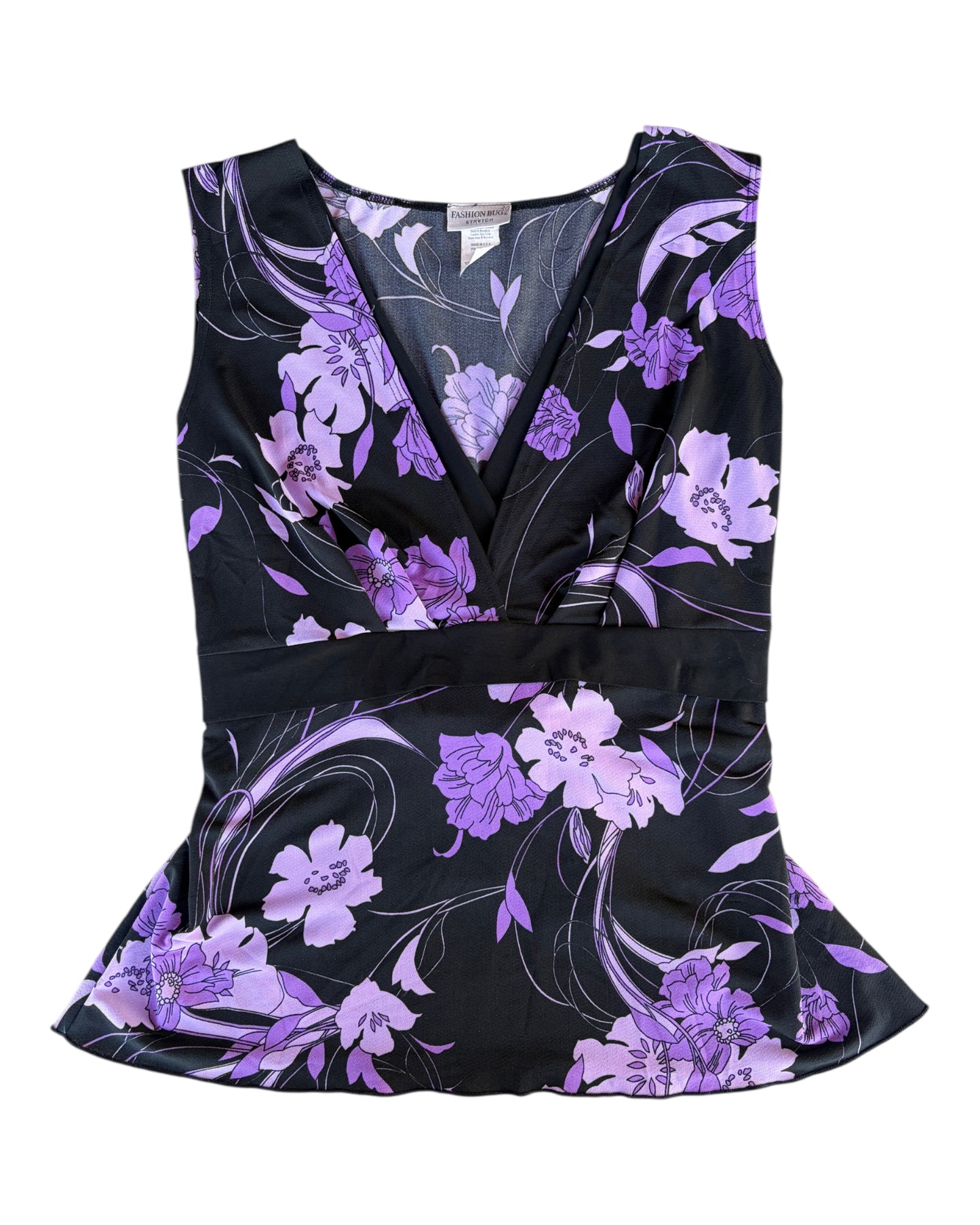 2000S FASHION BUG BLACK PURPLE FLORAL WRAP TOP