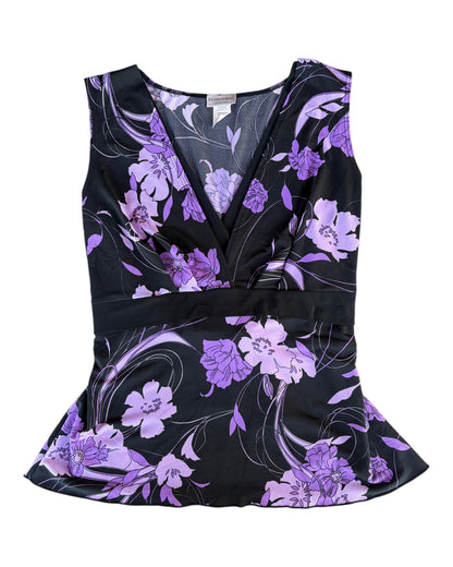 2000S FASHION BUG BLACK PURPLE FLORAL WRAP TOP