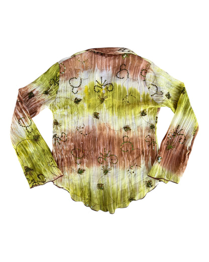 2000S LIME GREEN BROWN TIE-DYE BEADED BLOUSE
