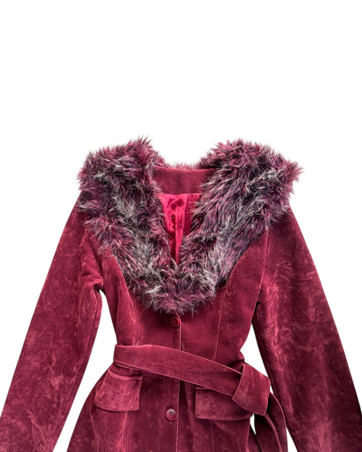 2000S BURGUNDY FAUX FUR COLLAR COAT