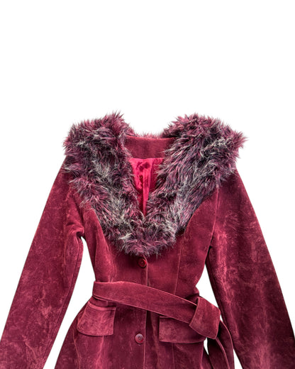 2000S BURGUNDY FAUX FUR COLLAR COAT