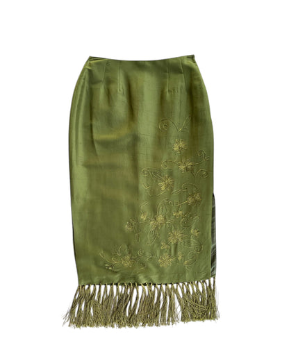 2000S CLIO GREEN SILK EMBROIDERED SKIRT