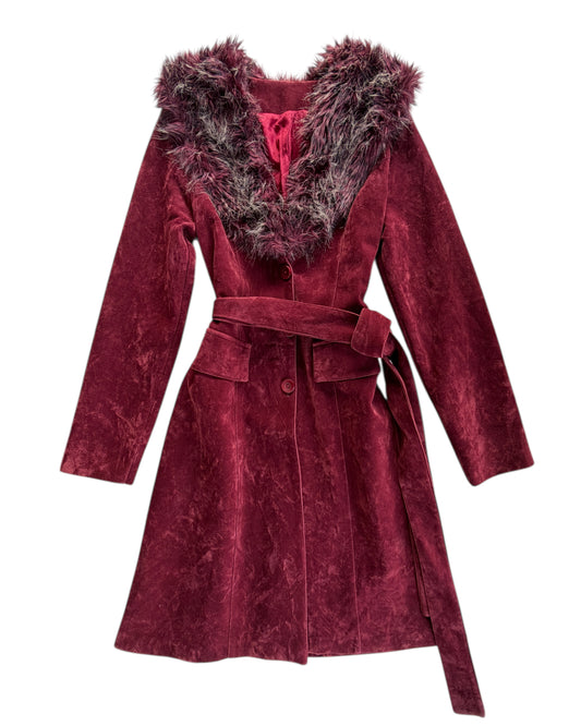 2000S BURGUNDY FAUX FUR COLLAR COAT