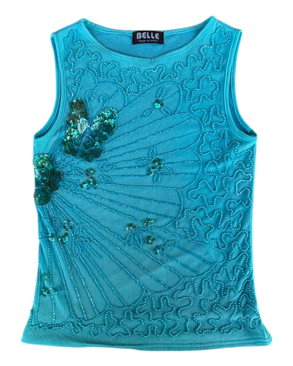2000S BELLE TURQUOISE BEADED BUTTERFLY MESH TOP