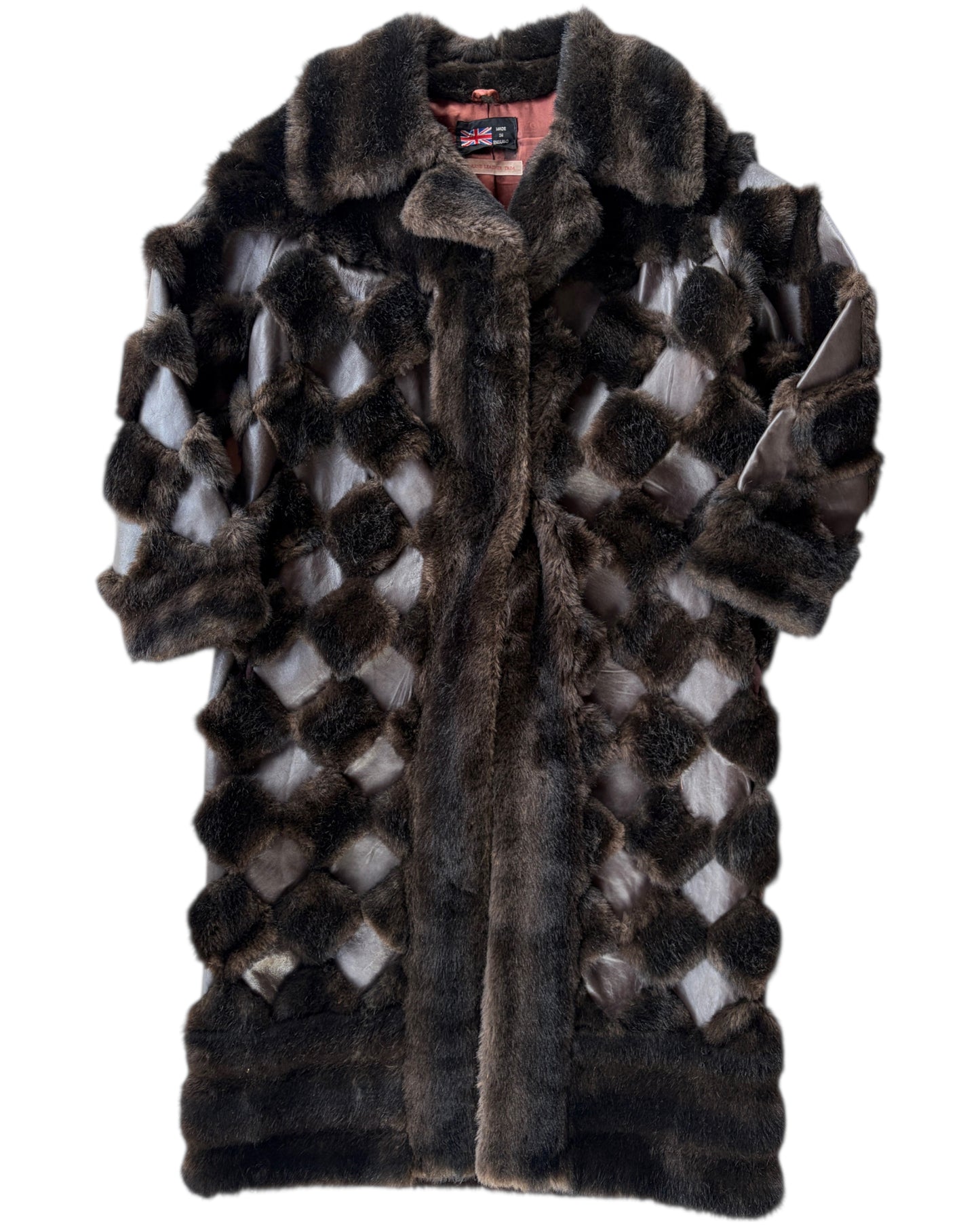 1970s ENGLISH DARK FUR COAT WITH LEATHER TRIM